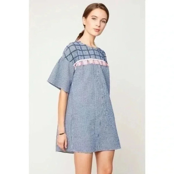 HAYDEN Los Angeles NWT Mini Dress Size MEDIUM Tassel Embroidered Gingham Pockets - Picture 1 of 13